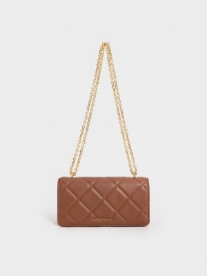 Charles & Keith Paffuto Chain Handle Kapitone Long Wallet Çikolata | CPKD-28379