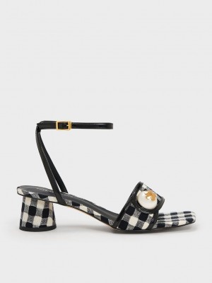 Charles & Keith Pearl-Embellished Gingham Sandals Renkli | HQMY-43607