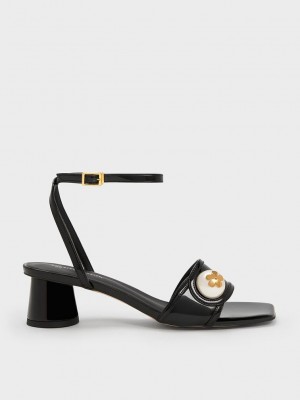 Charles & Keith Pearl-Embellished Rugan Sandals Siyah | YVLX-10865