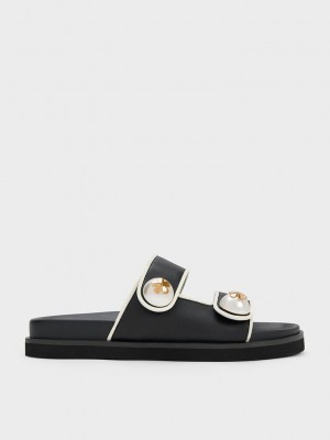 Charles & Keith Pearl Embellished Contrast-Trim Slides Siyah | OLKG-08615
