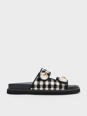 Charles & Keith Pearl Embellished Gingham Slides Renkli | YSBV-26315