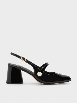 Charles & Keith Pearl Embellished Rugan Arkası Açık Pumps Siyah | MSTN-67180