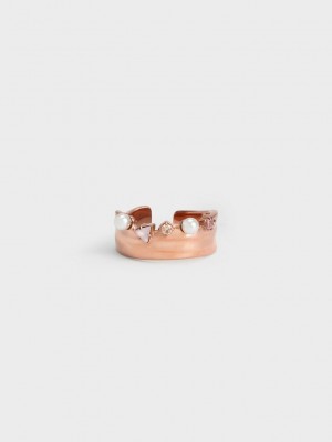 Charles & Keith Pearl & Crystal-Embellished Geniş-Band Ring Pembe Altın | DIPT-93508