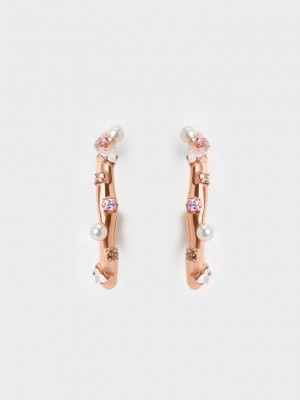 Charles & Keith Pearl & Crystal-Embellished Earring Studs Pembe Altın | ADGS-80254