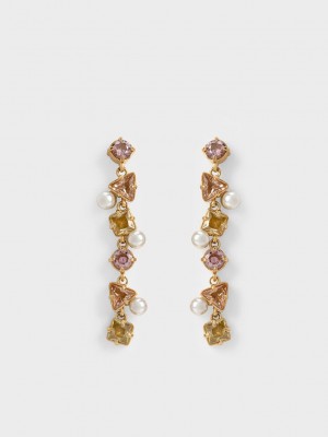 Charles & Keith Pearl & Crystal-Embellished Drop Earrings Bej Rengi | WLFA-97628