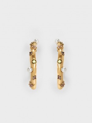 Charles & Keith Pearl & Crystal-Embellished Earring Studs Bej Rengi | UBNY-46027