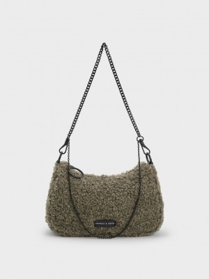 Charles & Keith Philomena Furry Chain-Askılı Crossbody Bag Haki | TGAD-69748