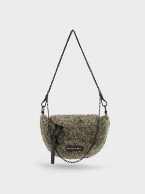 Charles & Keith Philomena Furry Half-Moon Crossbody Bag Haki | BZHL-98271
