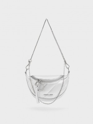 Charles & Keith Philomena Metallic Half-Moon Crossbody Bag Gümüş | KVWD-57648