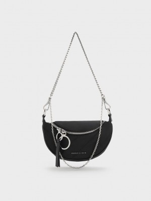 Charles & Keith Philomena Naylon Half-Moon Crossbody Bag Siyah | SNTC-60974