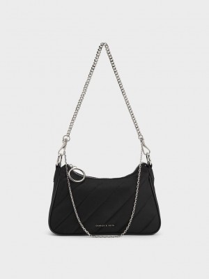 Charles & Keith Philomena Naylon Puffy Chain-Askılı Crossbody Bag Siyah | FIOK-48521