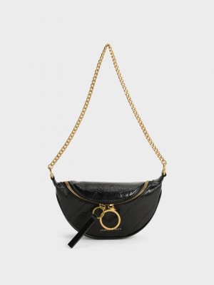 Charles & Keith Philomena Wrinkled-Effect Half-Moon Crossbody Bag Siyah | MHEN-16240