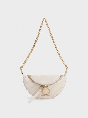Charles & Keith Philomena Wrinkled-Effect Half-Moon Crossbody Bag Beyaz | EYWB-46931