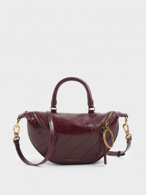 Charles & Keith Philomena Wrinkled Effect Semi-Circle Crossbody Bag Bordo | SNBM-46107