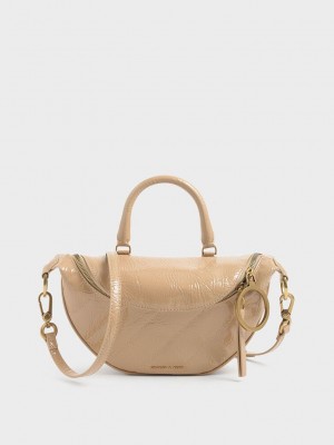 Charles & Keith Philomena Wrinkled Rugan Semi-Circle Crossbody Bag Bej Rengi | PBNX-06594