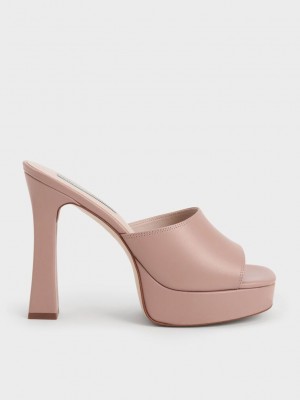 Charles & Keith Platform Block Heel Mules Bej Rengi | QWOK-57941