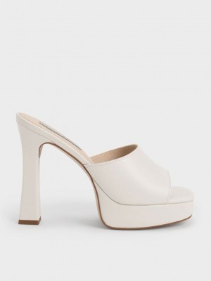 Charles & Keith Platform Block Heel Mules Krema | EOXT-36082