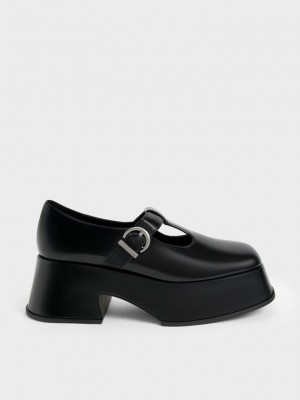Charles & Keith Platform T-Bar Mary Janes Siyah | QAMP-89643