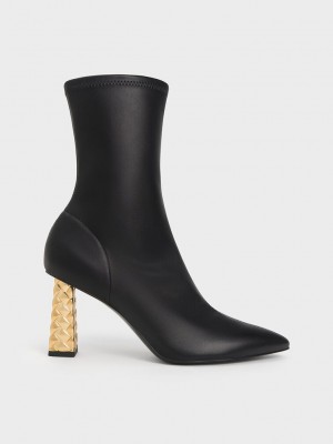 Charles & Keith Pointed-Burunlu Kapitone Heel Ankle Boots Siyah | NRWD-72918
