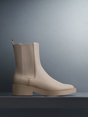 Charles & Keith Pull-Tab Chelsea Boots Bej Rengi | UMQF-28951