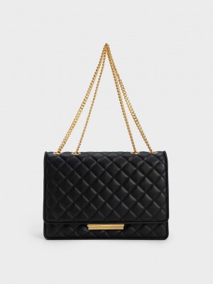 Charles & Keith Push-Lock Kapitone Crossbody Bag Siyah | WCQI-50728