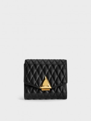 Charles & Keith Quinlynn Metallic Accent Kapitone Wallet Siyah | PRVU-82364