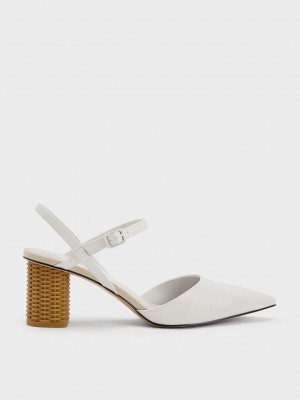 Charles & Keith Rattan Block Heel Pumps Beyaz | VJID-93278
