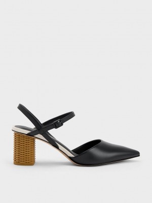 Charles & Keith Rattan Block Heel Pumps Siyah | XUCA-20768