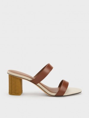 Charles & Keith Rattan Block Heel Sandals Kahverengi | LRNT-38156