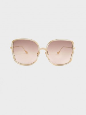 Charles & Keith Recycled Acetate Oversized Square Sunglasses Krema | DSOV-90258