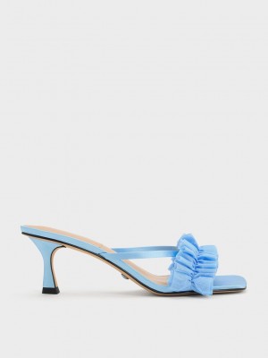 Charles & Keith Recycled Polyester Ruffled Mesh Topuklu Mules Mavi | MRHC-73028