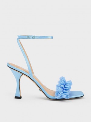 Charles & Keith Recycled Polyester Ruffled Mesh Topuklu Sandals Mavi | GBYI-82190