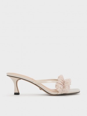 Charles & Keith Recycled Polyester Ruffled Mesh Topuklu Mules Pembe | WYPS-29731