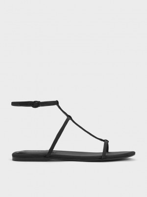 Charles & Keith Recycled Polyester T-Bar Ankle-Askılı Sandals Siyah | WDVR-86479