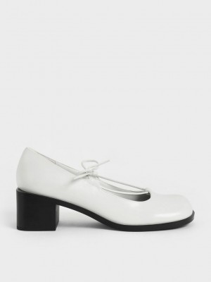 Charles & Keith Ribbon-Tie Mary Jane Pumps Beyaz | TVLZ-06978