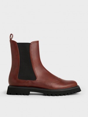 Charles & Keith Ridged-Sole Chelsea Boots Koyu Kırmızı | NVSJ-05819