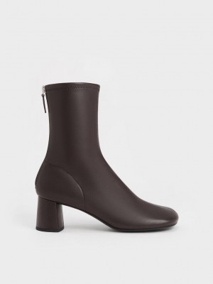 Charles & Keith Round-Burunlu Zip-Up Ankle Boots Koyu Kahverengi | YSTE-07365