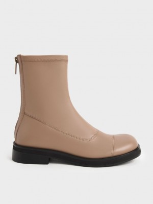 Charles & Keith Round Burunlu Zip-Up Ankle Boots Kahverengi | NYQT-68173