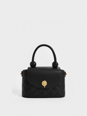 Charles & Keith Round Kapitone Top Handle Bag Siyah | AMGL-23690
