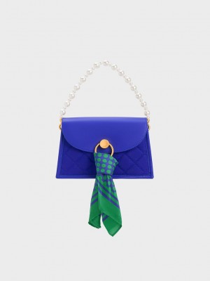 Charles & Keith Roza Beaded Handle Scarf Bag Koyu Mavi | NKFP-08637