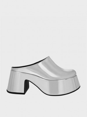 Charles & Keith Rubina Metallic Platform Mules Gümüş | QUOV-43629
