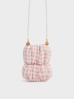 Charles & Keith Ruched Bead-Handle Check-Print Crossbody Bag Pembe | EVUL-15764