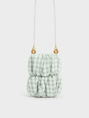Charles & Keith Ruched Bead-Handle Check-Print Crossbody Bag Yeşil | SGTI-53169
