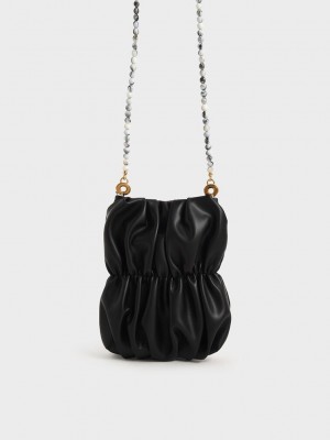 Charles & Keith Ruched Bead-Handle Crossbody Bag Siyah | NMFK-29650