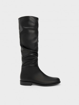 Charles & Keith Ruched Knee-High Boots Siyah | QHGM-03485