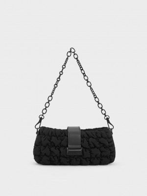 Charles & Keith Ruched Naylon Chain Handle Bag Siyah | EAYM-30425