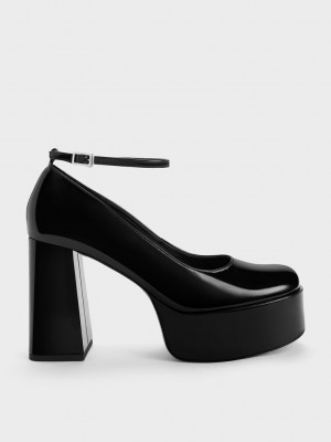 Charles & Keith Rugan Ankle-Askılı Platform Pumps Siyah | POAZ-40623