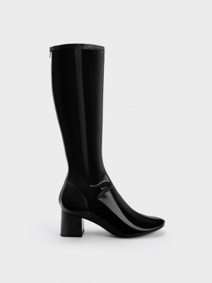 Charles & Keith Rugan Block Heel Knee Boots Siyah | BDMS-42501