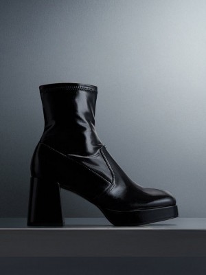 Charles & Keith Rugan Crinkle-Effect Block-Heel Boots Siyah | XOYA-63802