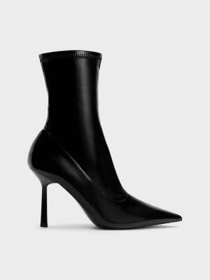 Charles & Keith Rugan Crinkle-Effect Pointed-Burunlu Stiletto Heel Ankle Boots Siyah | XALN-15978